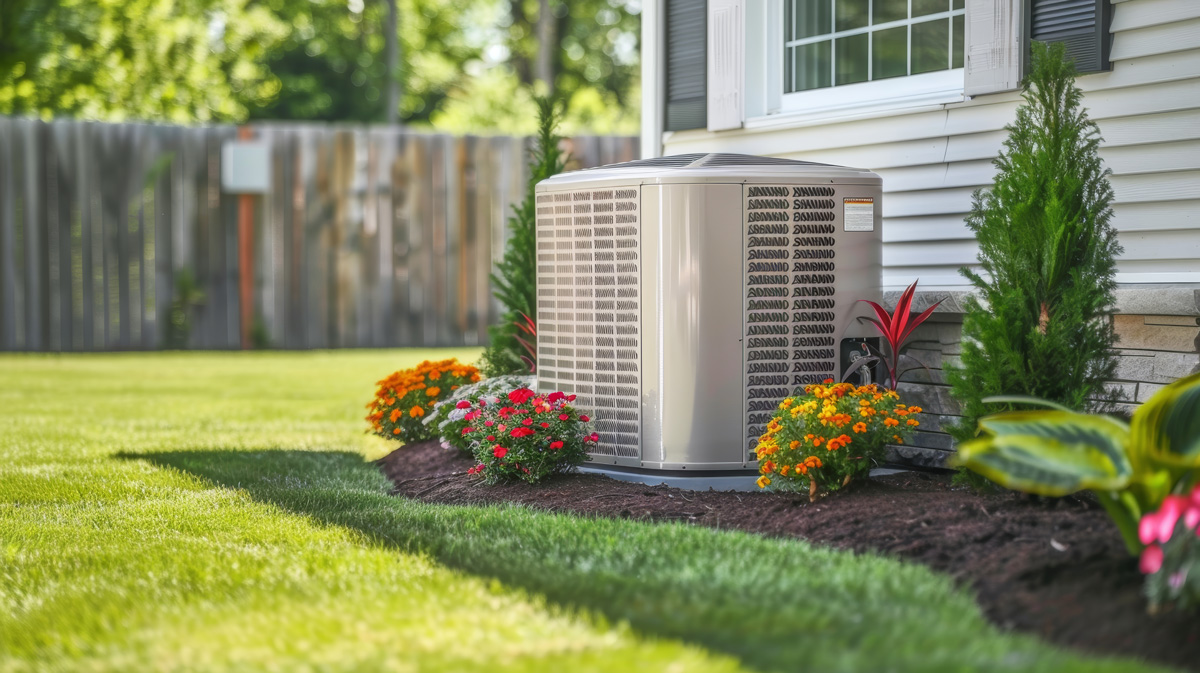 An HVAC unit in a garden in El Paso.