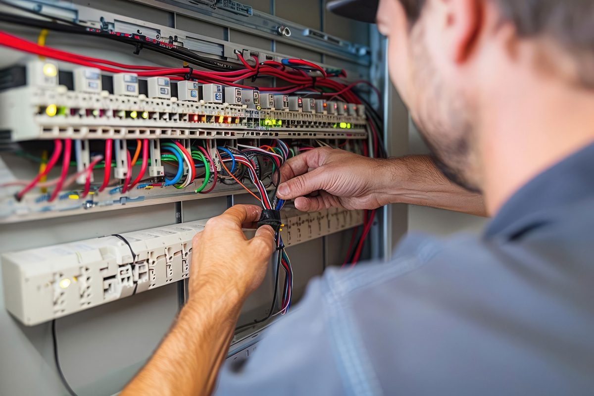 An electrical contractor is adjusting wiring in an electrical setup in El Paso.